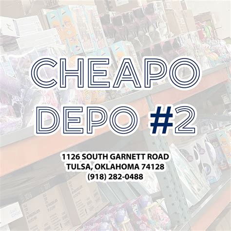 Cheapo depo - Learn More About Cheapo Depo. Located at 9206 E Admiral Pl, Tulsa, OK 74115. Cheapo Depo specializes in breakfast cereal, snacks, coffee, and pantry essentials. Local and family-owned business. In business since 1989. Amazing prices. 